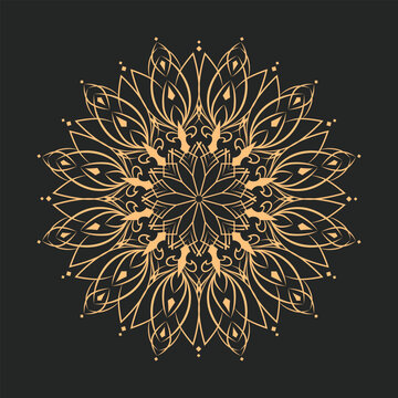 Luxury gold mandala circle with ornate thin line pattern and symmetrical decorative structure. Elegant round design element suitable for invitations, wedding cards, beauty branding, spa, packaging and