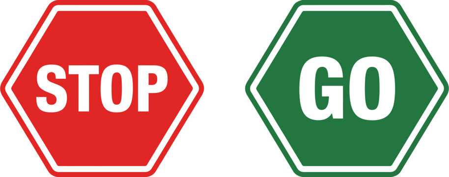 Red stop sign and green go sign side by side traffic control symbols vector illustration