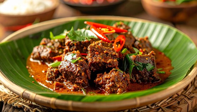 Indonesian Beef Rendang Spicy Curry with Rice Traditional Dish