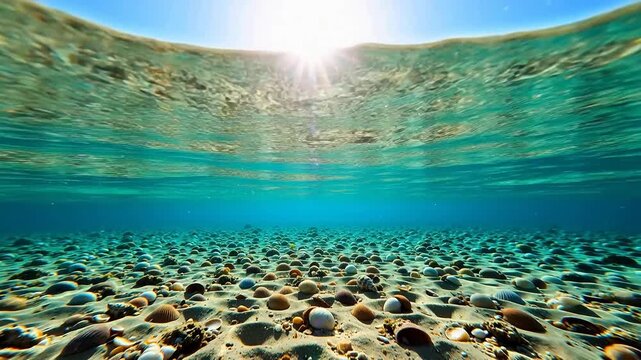 Captivating underwater scene with sun rays filtering through clear blue ocean, illuminating a sandy seabed adorned with natural shells and pebbles