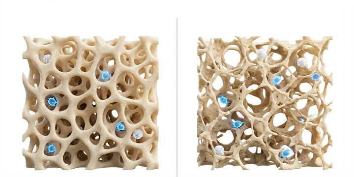 骨粗鬆症の比較イラスト。正常な骨密度（左）とスカスカになった骨（右）の3D断面図
