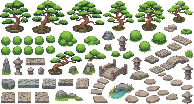 Japanese garden landscape vector set, isometric bonsai trees and stone lanterns, zen garden design elements with bridges and stepping stones