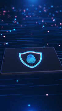 Biometric Fingerprint Scan Shield fingerprint scan inside a shield emblem over a device surface. Perfect for biometric login demos, identity systems, mobile authentication, and security promos.