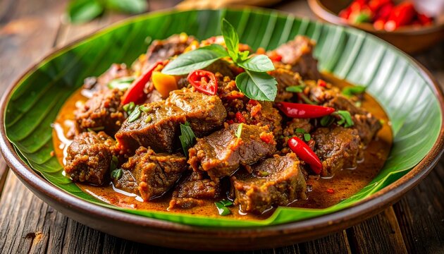 Indonesian Beef Rendang Spicy Curry with Rice Traditional Dish