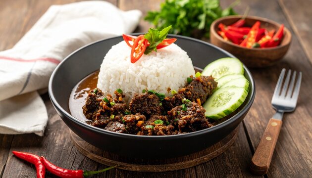 Indonesian Beef Rendang Spicy Curry with Rice Traditional Dish
