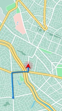 GPS Navigation Route Map Interface Digital map route tracking screen with highlighted path and marker. navigation systems, transport visuals, delivery tracking videos, location technology backgrounds.
