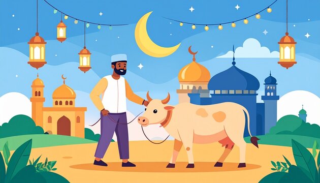 Eid al Adha sacrifice illustration man with cow mosque background