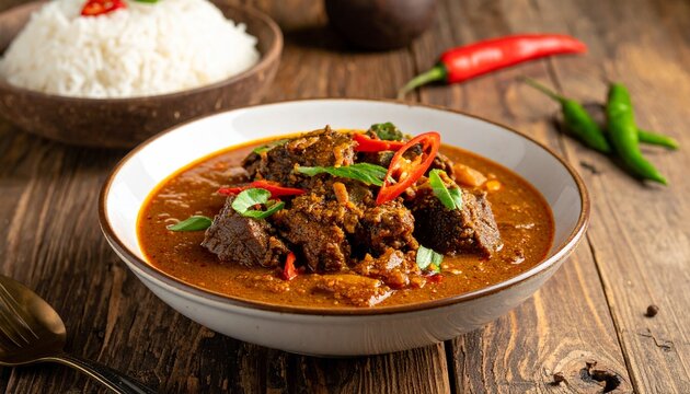 Indonesian Beef Rendang Spicy Curry with Rice Traditional Dish
