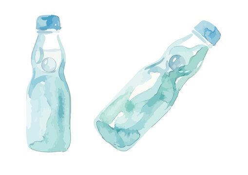 Watercolor-style refreshing Japanese ramune soda illustration, retro glass bottle with marble ／ 水彩ラムネ