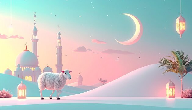 Pastel Eid al Adha Scene with Sheep Crescent Moon and Mosque sunrise