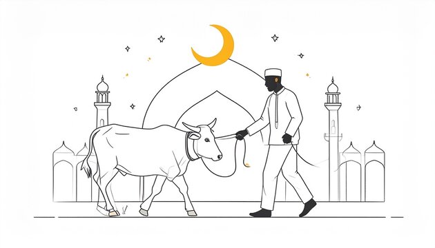 Eid al Adha illustration Muslim man leading cow for sacrifice flat art