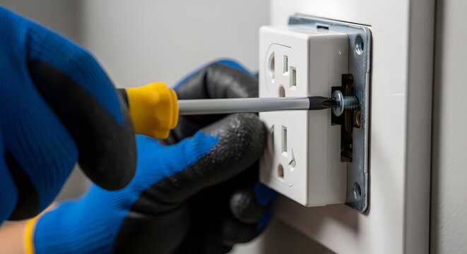 A worker in gloves uses a screwdriver on an electrical outlet during Labour Day to highlight Workers' Day safety; an industrial scene.