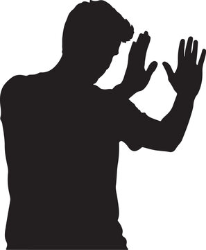Silhouette of a Man Gesturing Stop with Raised Hands on White Background