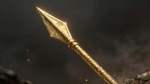 Cinematic Golden Spearhead with Ancient Engravings