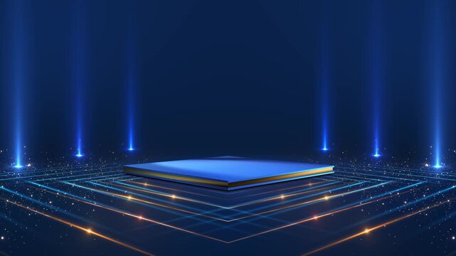 Futuristic Display Podium Stage glowing floor lines. product showcases, launch visuals, 3D branding intros sleek platform light beams digital grid innovation, spotlight focus tech presentation space