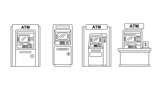 Outlined illustrations of various automated teller machines, banking and financial services.