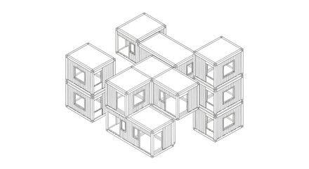 Fototapeta premium Isometric line drawing of a modular building structure with interconnected cubic units and openings.