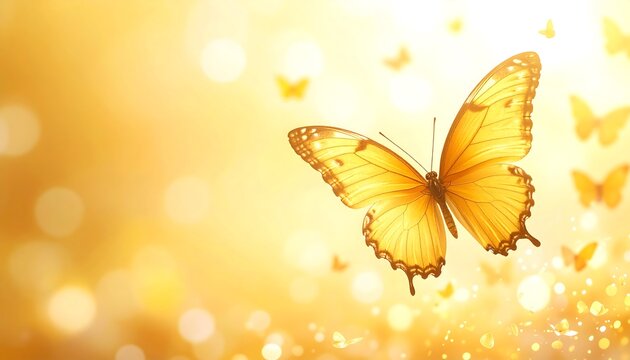 Radiant golden scene, a butterfly in focus, surrounded by soft light and bokeh. Butterflies flutter in background. Warm, dreamy ambience