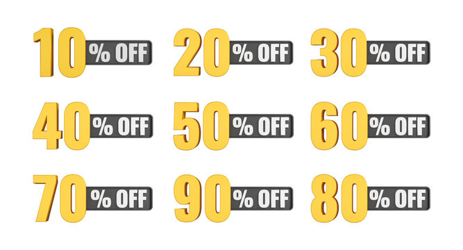 Mega bundle of 3D sale discount banners with 10, 20, 30, 40, 50, 60, 70, 80, and 90 percent off, golden numbers on dark gray badges, isolated promotion collection for e-commerce and retail marketing.