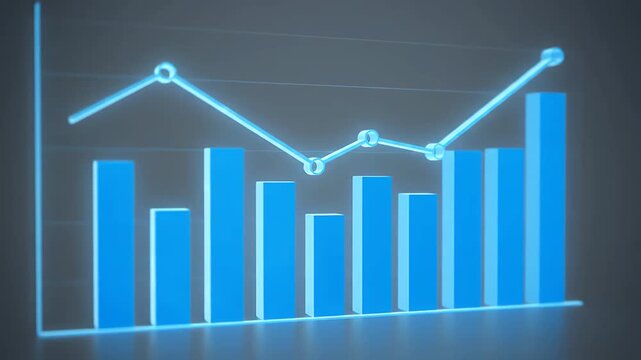 A futuristic blue graph with bars and lines displays data on a dark background with technology and industry elements.