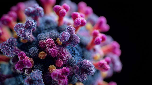 Close-up of a virus made from purple and blue lace, against a black background.