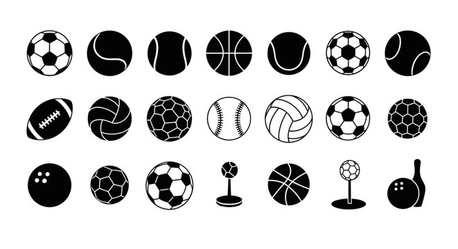 Collection of various sports balls and equipment in black and white silhouette.