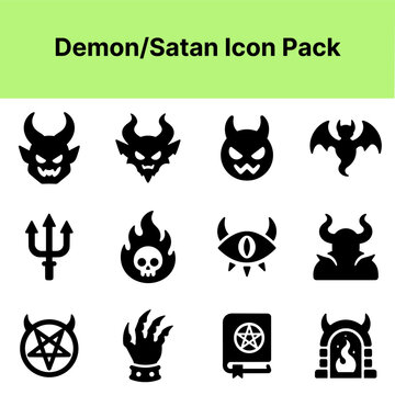 Demon and Satan Icon Set Containing demon devil horn trident pentagram fire ritual dark symbol and hell icons Solid icon collection