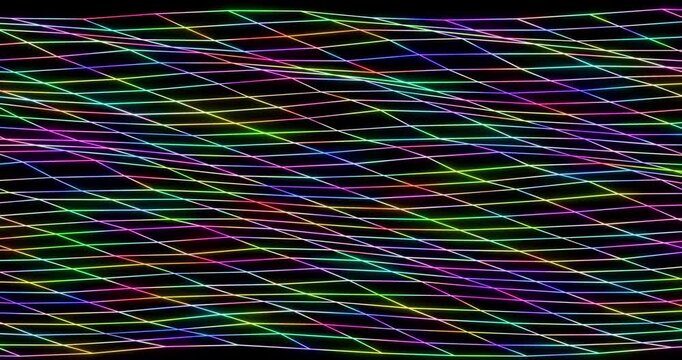 Abstract colorful glowing wave. Cyber digital stylized mesh line art background. 4K 3D rendering loop animation.