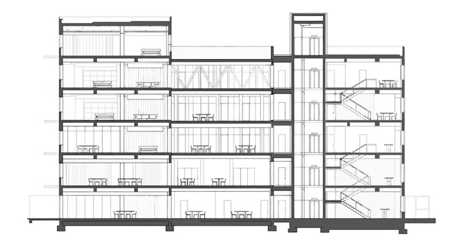 Detailed architectural cross-section drawing of a multi-story building with internal structures and stairwells.