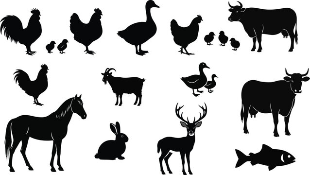 Farm animal silhouettes a collection of poultry livestock and wildlife