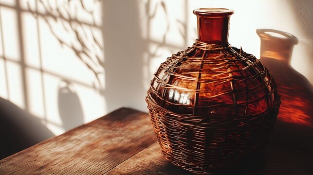 demijohn. Wicker-wrapped glass bottle with amber liquid on a rustic wooden table. bar promotions, beverage menus, designed for food & beverage menus and cafe branding.