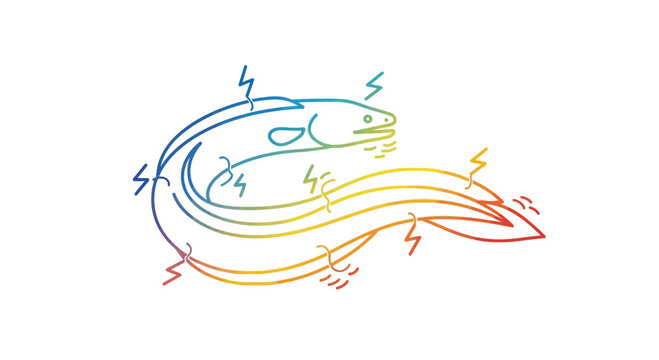 Electric Eel Illustration with Rainbow Colors and Lightning Bolts