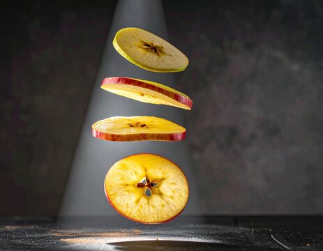 Floating apple chips captured with frozen motion clarity, controlled spacing between slices, perfect round shapes, zero deformation, cinematic spotlight and rim glow, high resolution advertising qu