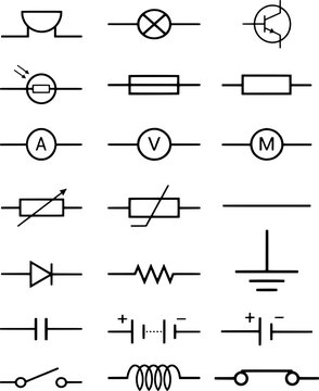 Collection of various electronic circuit symbols and diagrams, including icons for resistors, capacitors, and other components, used for engineering and educational purposes.