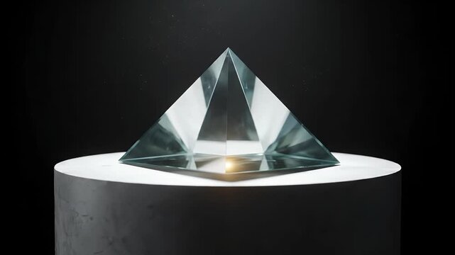 A large crystal pyramid sits on a round white platform against a dark background.