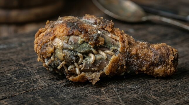 Rotting fried chicken with maggots macro close up decay infestation food contamination concept