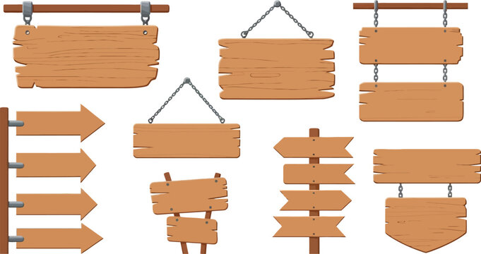 Collection of rustic wooden signs and directional arrows, some hanging by chains