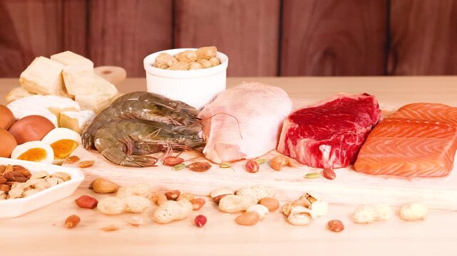 Camera panning across assorted high protein food sources including meat seafood eggs dairy and nuts on wooden table.