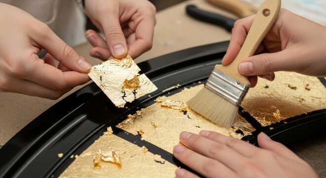 Gilding Artisan Applying Gold Leaf to a Decorative Surface with a Brush