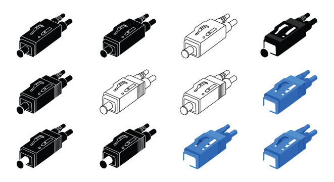 Fiber optic connector set vector illustration with color and outline variations