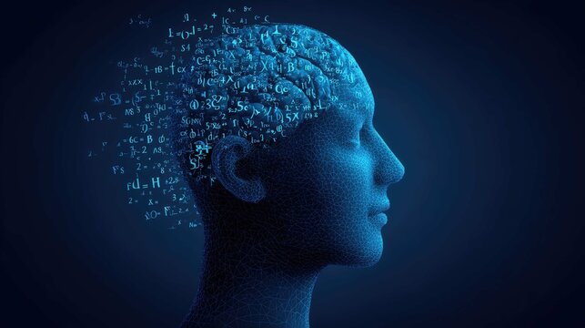 Abstract human brain conceptualization with mathematical symbols and codes symbolizing intelligence and thought processes