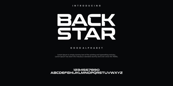 Back Star futuristic minimalist display font design, alphabet, typeface, letters and numbers, typography.