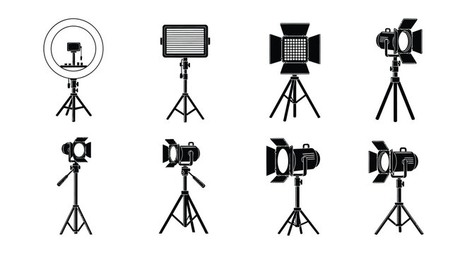 Studio spotlights and floodlights black silhouette set