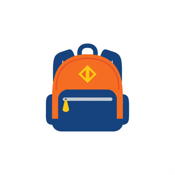 A colorful illustration of a blue and orange backpack with a yellow zipper and logo on the front pocket.