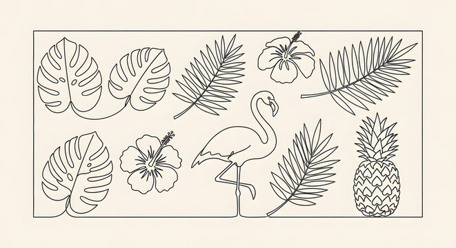 Tropical line art illustration with flamingo, leaves and fruits