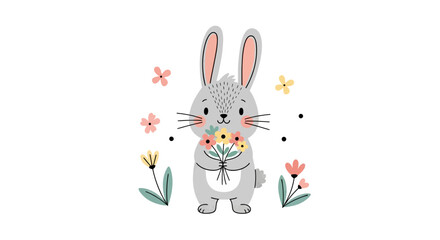 Obraz premium Cute gray rabbit holding colorful flowers surrounded by blooming tulips and butterflies in spring