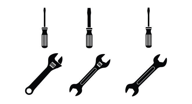 Tool silhouettes screwdrivers wrenches and pliers on white background