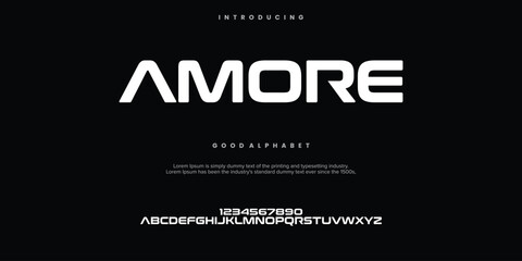 Amore futuristic minimalist display font design, alphabet, typeface, letters and numbers, typography. © Luke Project