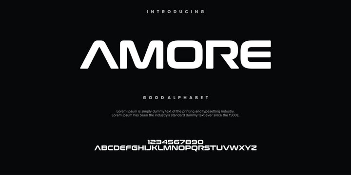 Amore futuristic minimalist display font design, alphabet, typeface, letters and numbers, typography.