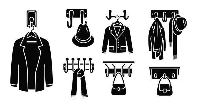 Clothing rack icons with garments black silhouette set